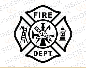 May include: Black and white illustration of a fire department emblem. The emblem is a cross with a ladder, axe, fire hydrant, and a fireman's helmet in the center. The words "FIRE DEPT." are written below the cross.