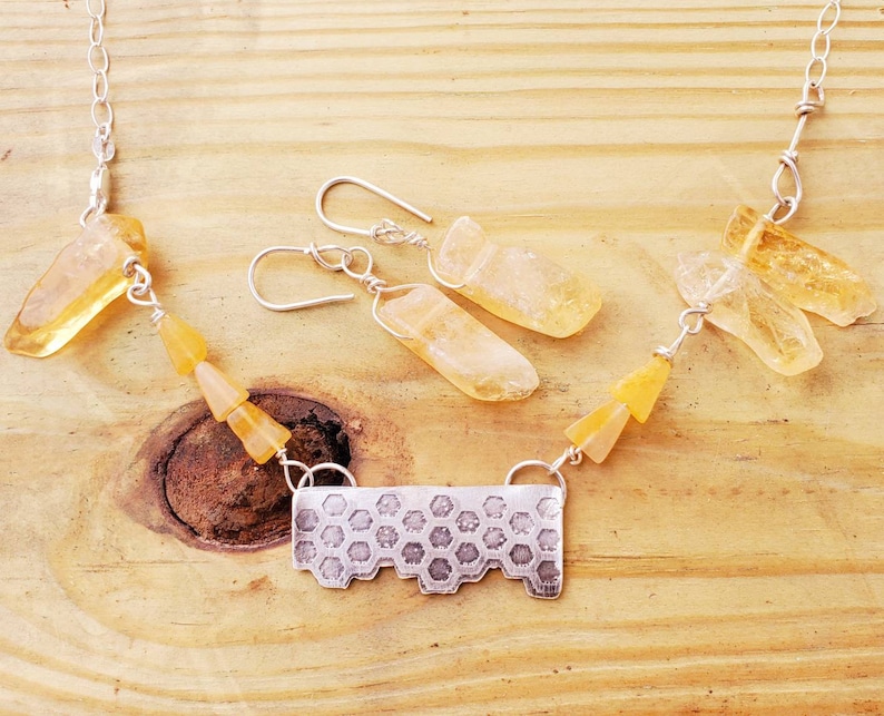 Honeycomb Sterling silver and Citrine necklace and earrings