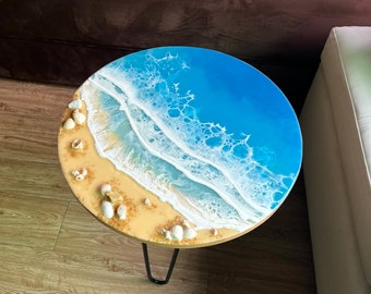 ocean theme resin coffee table with metal legs custom coastal theme epoxy table round 24 inch table bedroom nightstand live waves end table