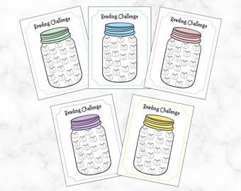 May include: Five printable reading challenge cards featuring mason jars filled with books. Each card has a different colored lid: light blue, light pink, yellow, purple, and green.