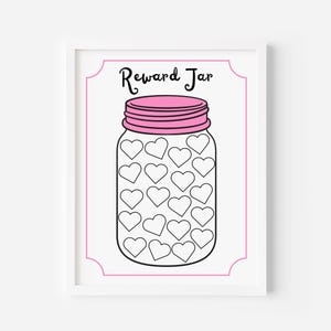 Könnte beinhalten: Ein druckbares Diagramm mit einer Schwarzweißillustration eines Einmachglases mit einem rosafarbenen Deckel. Das Glas ist mit weißen Herzen gefüllt. Der Text "Reward Jar" ist in schwarzer Kursivschrift über dem Glas geschrieben.