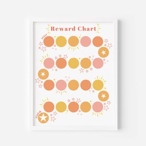 May include: A printable reward chart with a colorful design. The chart features a path of circles in orange, yellow, and pink with stars and sunbursts. The words "Reward Chart", "Start", and "Finish" are included on the chart.