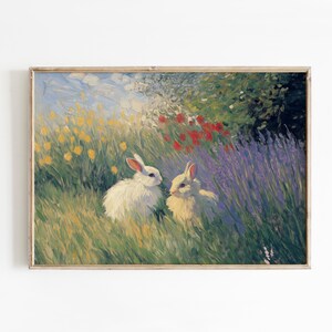 Bunnies in a Wildflower Meadow | Easter Rabbit Art Print | Vintage Spring Painting | Digital Wall Art Download