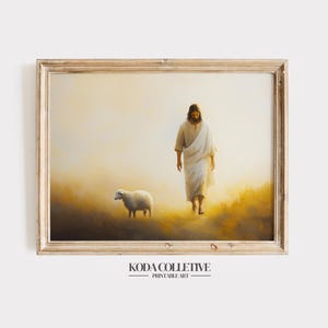 Jesus Leaves the 99 - Christian Oil Painting, Bible Verse Wall Art, Digital Printable, Faith-Based Home Decor, The Good Shepherd Poster