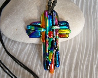 Cross Pendant//Necklace//Dichroic Fused Glass//Mosaic