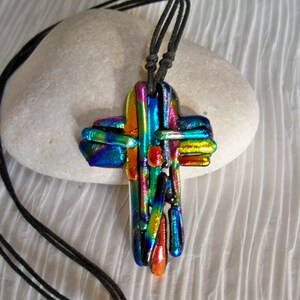 Cross Pendant//Necklace//Dichroic Fused Glass//Mosaic image 1
