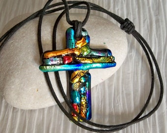 Fused Dichroic Glass Cross Pendant//Necklace