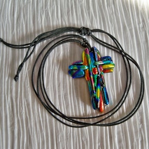 Cross Pendant//Necklace//Dichroic Fused Glass//Mosaic image 6