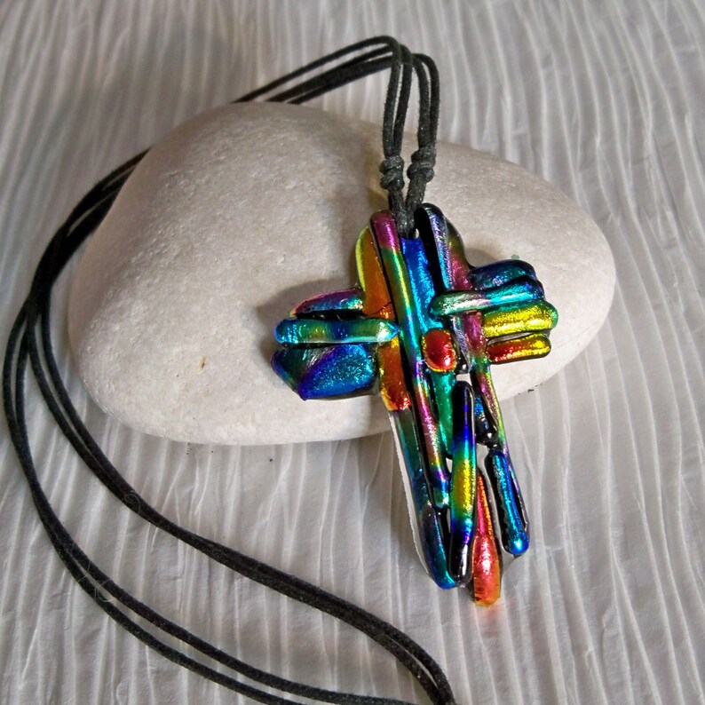 Cross Pendant//Necklace//Dichroic Fused Glass//Mosaic image 5