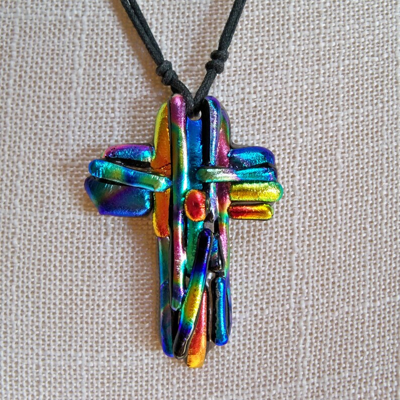 Cross Pendant//Necklace//Dichroic Fused Glass//Mosaic image 2