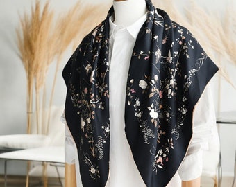 Black Twill Silk Scarf: 90cm Bird Print Bandana Shawl