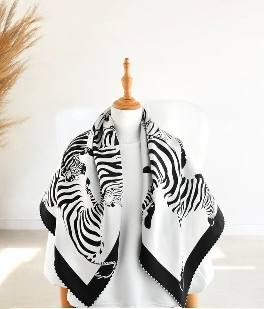 Silk Scarf, White Black Color, Zebra Print, Women Head Scarves, Scarf ...