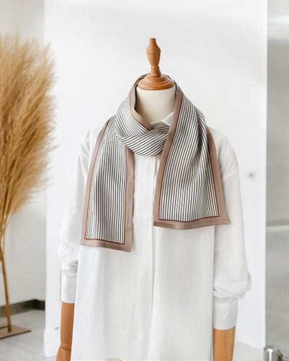 Brown Stripe Silky Neck Scarf Mulberry Silk Scarf: Beige & Brown Striped Neck Scarf, 35  main image 4
