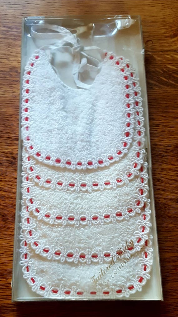 Vintage Matching Set of 5 White and Red Terry Clot