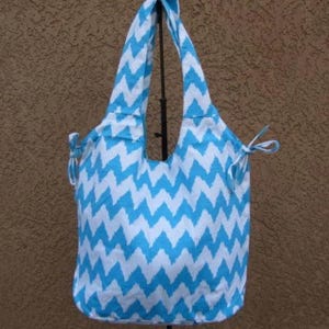 Sky Blue & White Chevron Canvas Shopper Beach Gym Tote Bag Grocery Purse Big Colorful ZigZag Outdoor Bag Cute Shopping Bag Picnic Bag Gift
