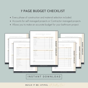 May include: A printable 7-page budget checklist for bathroom renovations. The checklist includes sections for planning, demolition, rough-in, and more. The text "BUILD IT BEAUTIFUL" is at the bottom of the page.