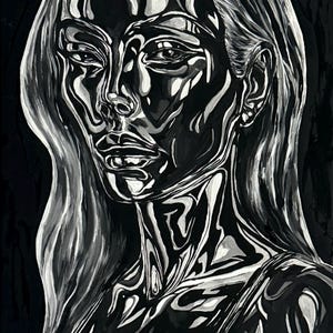 May include: A black and white portrait painting of a woman with long hair. The artwork features a reflective, metallic effect, with highlights and shadows creating depth. The woman is wearing a top with thin straps, set against a dark background.