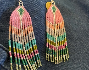 Fine, colorful fringed pearl earrings made from Miyuki Japanese beads. 24k gold-plated beads.