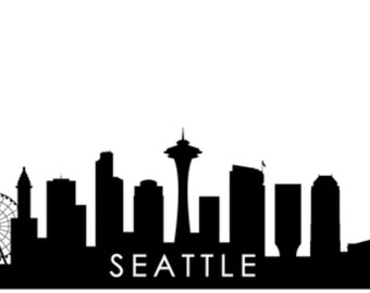 May include: Black and white silhouette of the Seattle skyline, including the Space Needle, a Ferris wheel, and several skyscrapers. The text "SEATTLE" is written below the skyline.