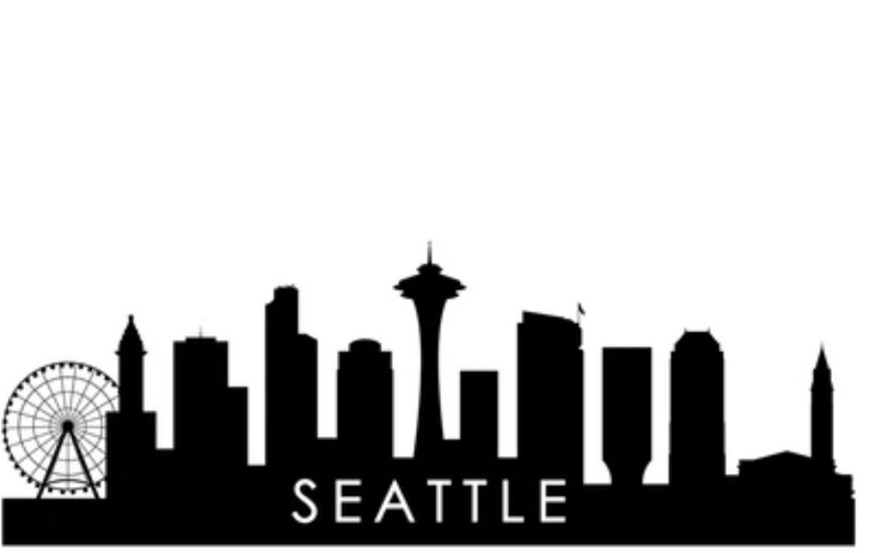 May include: Black and white silhouette of the Seattle skyline, including the Space Needle, a Ferris wheel, and several skyscrapers. The text "SEATTLE" is written below the skyline.