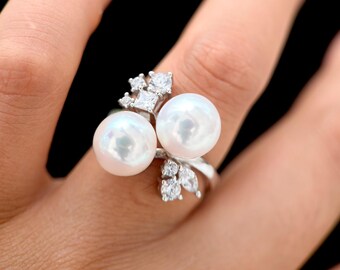 Double White Pearl Ring, CZ Accents, Sterling Silver