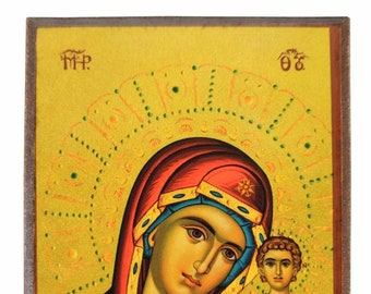 Virgin and Child Kazanskaya Icon, Handmade Byzantine Orthodox Art