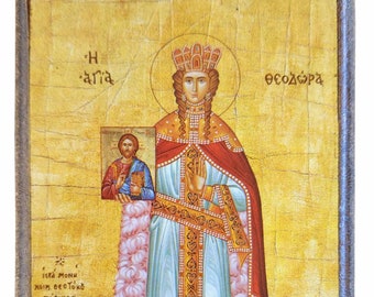 Heilige Theodora, die Kaiserin von Byzanz, ganzer Körper, byzantinische Ikone, östliche Ikone, handgemachte Ikone