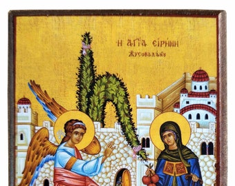 Saint Irene Chrysovalantou Byzantine Icon, Handmade Cornice Icon
