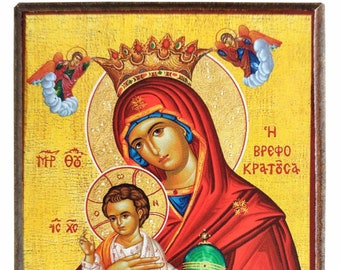 Handmade Byzantine Icon, Virgin and Child, Infant Bearer