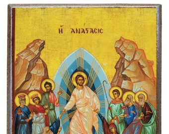 May include: A religious icon depicting the resurrection of Jesus Christ. The icon is painted in a traditional style with bright colors and gold accents. Jesus is shown rising from a tomb, surrounded by angels and other figures. The text "Η ΑΝΑΣΤΑΣΙΣ" is written at the top of the icon.