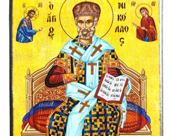 Saint Nicholas, Archbishop of Myra in Lycia, Enthroned, with Miter, Byzantine icon, orthodox icon, handmade icon