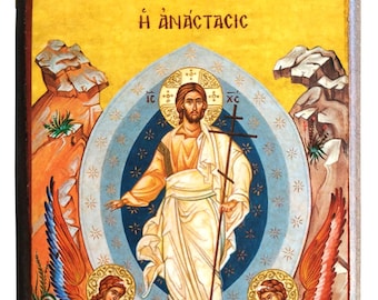May include: A religious icon depicting Jesus Christ rising from the tomb, surrounded by angels. The icon is painted in a traditional style with vibrant colors and gold accents. The text "H ANASTASIS" is written at the top of the icon.