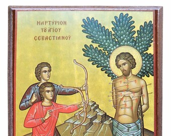 Saint Sebastian: The Martyrdom, Byzantine icon, orthodox icon, handmade icon