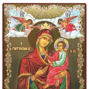 Virgin and Child, Hodegetria, Gorgoypekoos with angels &quot;The Quick Hearer of Mt. Athos&quot;, Byzantine icon, orthodox icon, handmade icon