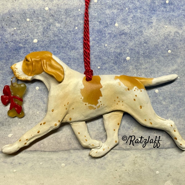 Bracco Italiano Ornament with bone charm. Artist quality Christmas dog breed decoration.