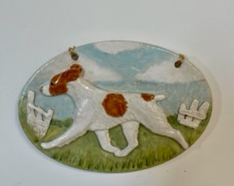 Happy Brittany Stoneware plaque. Brittany lover. trotting/gaiting.