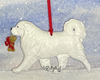 Great Pryenees w/bone charm. Christmas/holiday artist sculpted dog breed ornament.