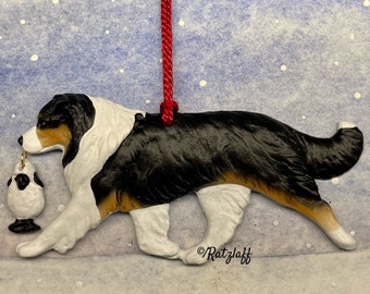 Australian Shepherd Dog w/sheep charm.Black tri. Natural tail. Christmas/holiday artist quality dog breed ornament.