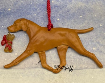 Vizsla ornament with bone charm. Artist Christmas/holiday dog breed decoration.