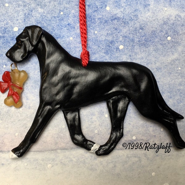 Great Dane-black-natural ear-bone charm-Christmas/holiday artist sculpted dog breed ornament.