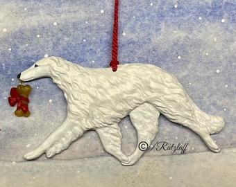 Borzoi-Russian Wolfhound with bone charm. white. Christmas dog breed sculpted ornament.