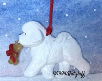 Bichon Frise Dog breed w/bone charm. Christmas/holiday sculpted dog ornament.