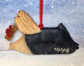 Yorkshire Terrier w/bone charm. Christmas/holiday artist quality dog breed ornament.