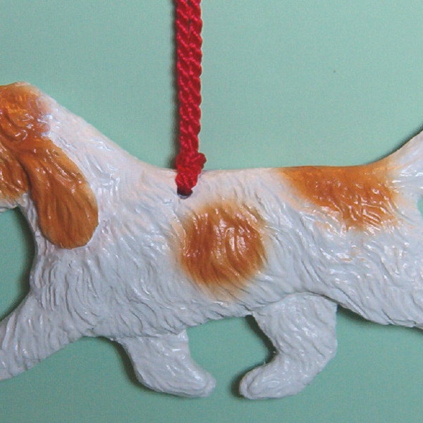 PBGV red and white with bone trinket. Dog breed artist ornament.