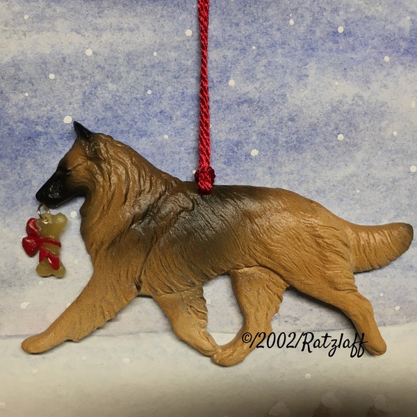 Belgian Tervuren with bone charm handcrafted dog breed Christmas ornament. Dog mom gift.