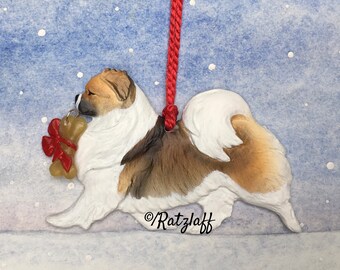 Tibetan Spaniel with bone charm. Sable and white. Christmas/holiday handcrafted dog breed ornament.