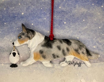 Welsh Corgi-Cardigan w/toy sheep. Blue Merle and tan. Relief sculpted Christmas/holiday dog breed ornament.