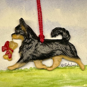 Longhaired Chihuahua with bone charm. Black and tan. Handcrafted by Artdog Ornaments. Dog mom gift ornament.