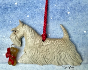 Scottish Terrier w/bone charm. Wheaten. Christmas/holiday artist quality dog breed ornament.