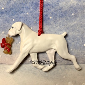 Boxer w/bone- white-Natural ear. Christmas/holiday artist dog breed Christmas ornament. Artdog.